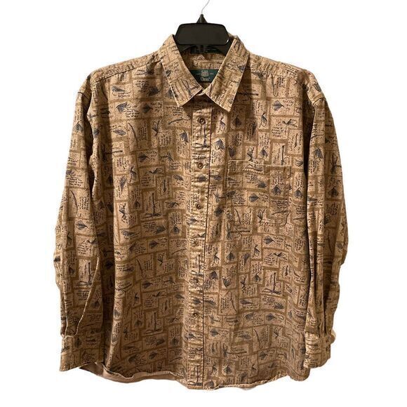 VTG Orvis Men's Shirt XL AOP Fishing Lures Graphic Button Up Shirt Hong Kong Tan - Picture 1 of 9